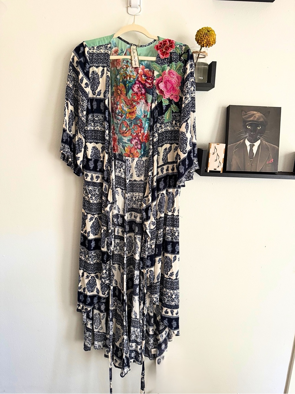 Aratta Navy & White Asymmetrical Boho Dress with Floral Panel
